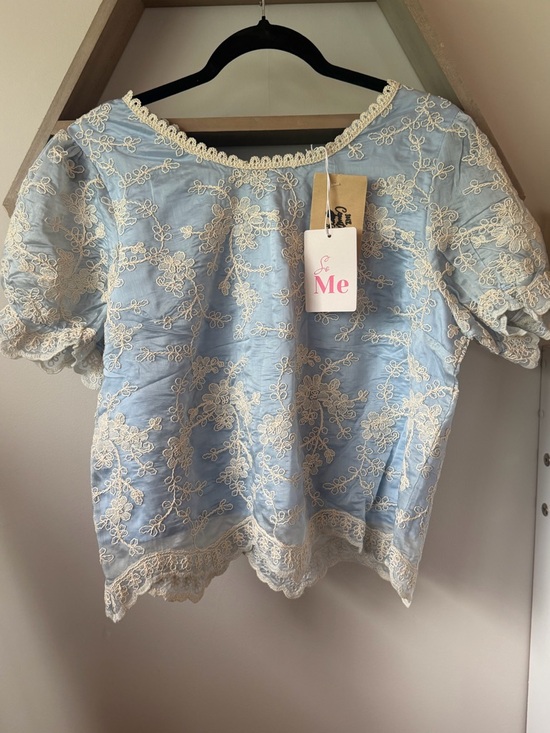 ME Makeover Essentials Tops - ME Makeover Essentials Sky Blue Lace-Trim Puff Sleeve Blouse